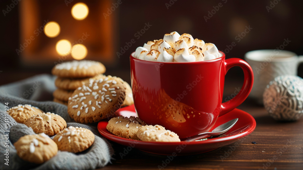 Hot cocoa with marshmallows in a ceramic cup on a table with cookies against a background of blurry lights Hot cocoa with marshmallows in a ceramic cup on a table with cookies against a background of blurry lights