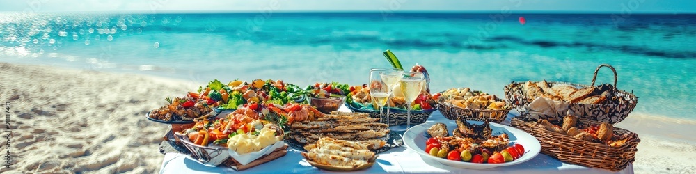 delicious seafood meal on the beach background. Selective focus delicious seafood meal on the beach background. Selective focus