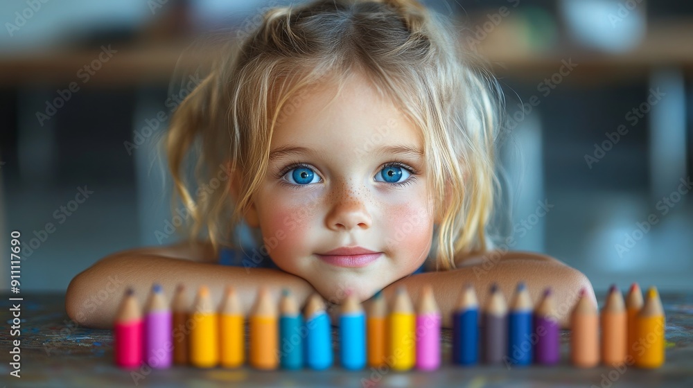 Young Child Enthusiastically Drawing With Crayons at a Classroom Desk During Art Time Young Child Enthusiastically Drawing With Crayons at a Classroom Desk During Art Time