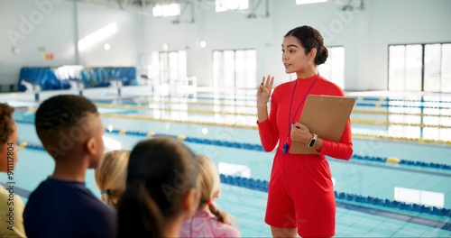 Canvas Print Swimming pool, lesson and lifeguard teacher with kids for learning, practice and safety training