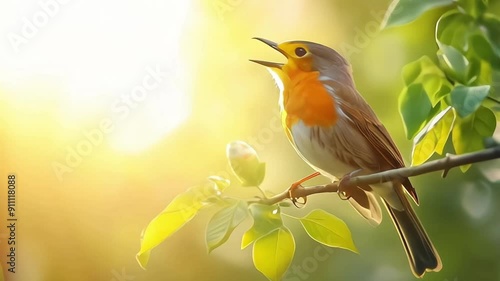 European robin bird Erithacus rubecula singing