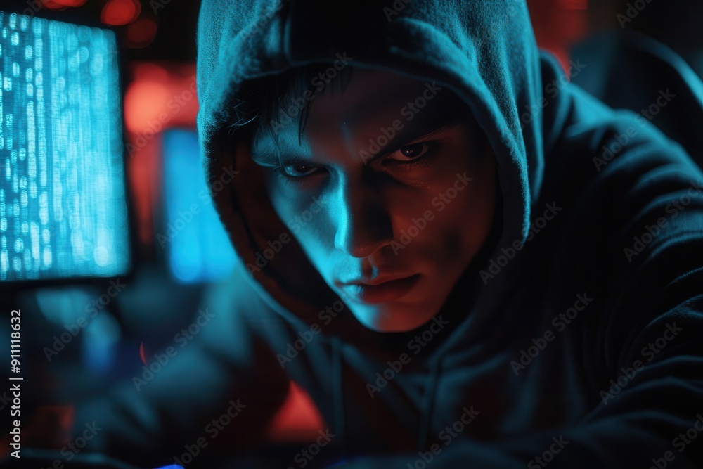 intense closeup of a hooded hacker illuminated by multiple computer screens dark atmospheric setting with glowing code reflections symbolizes cybercrime and digital threats intense closeup of a hooded hacker illuminated by multiple computer screens dark atmospheric setting with glowing code reflections symbolizes cybercrime and digital threats