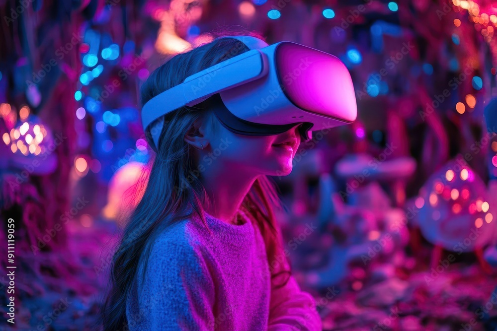 joyful child wearing a vr headset surrounded by colorful holographic projections of fantastical creatures and landscapes expressing wonder and excitement joyful child wearing a vr headset surrounded by colorful holographic projections of fantastical creatures and landscapes expressing wonder and excitement