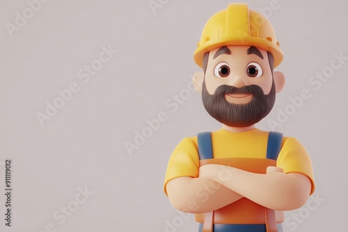 3D cartoon illustration of a construction worker with arms crossed.