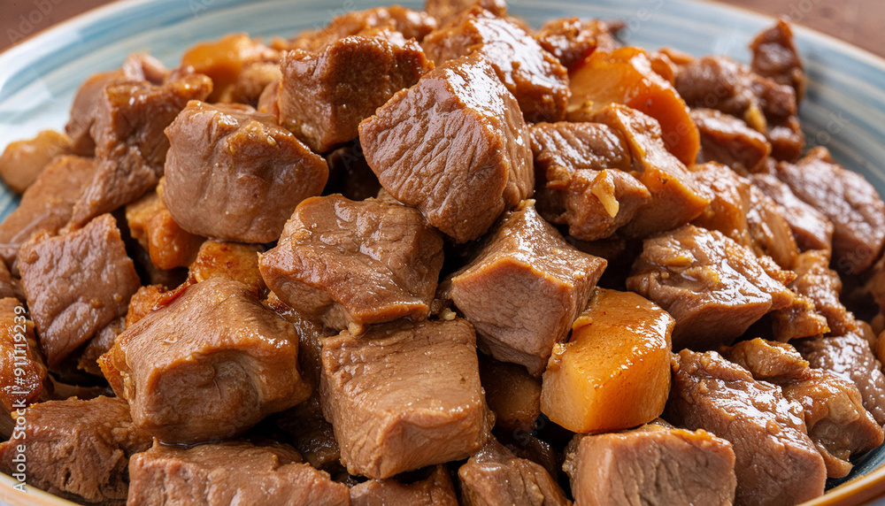 viel Fleisch auf einem Haufen, Gulasch, gebraten viel Fleisch auf einem Haufen, Gulasch, gebraten