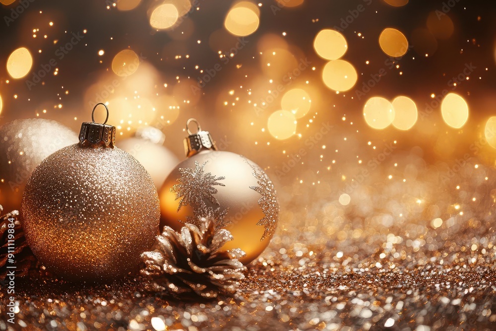 magical christmas scene with golden ornaments twinkling lights and shimmering confetti against a warm blurred background magical christmas scene with golden ornaments twinkling lights and shimmering confetti against a warm blurred background