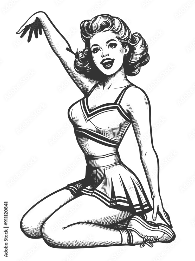 pin-up woman classic hairstyle and confident smile, timeless beauty and charm sketch engraving generative ai fictional character vector illustration. Scratch board imitation. Black and white image. pin-up woman classic hairstyle and confident smile, timeless beauty and charm sketch engraving generative ai fictional character vector illustration. Scratch board imitation. Black and white image.