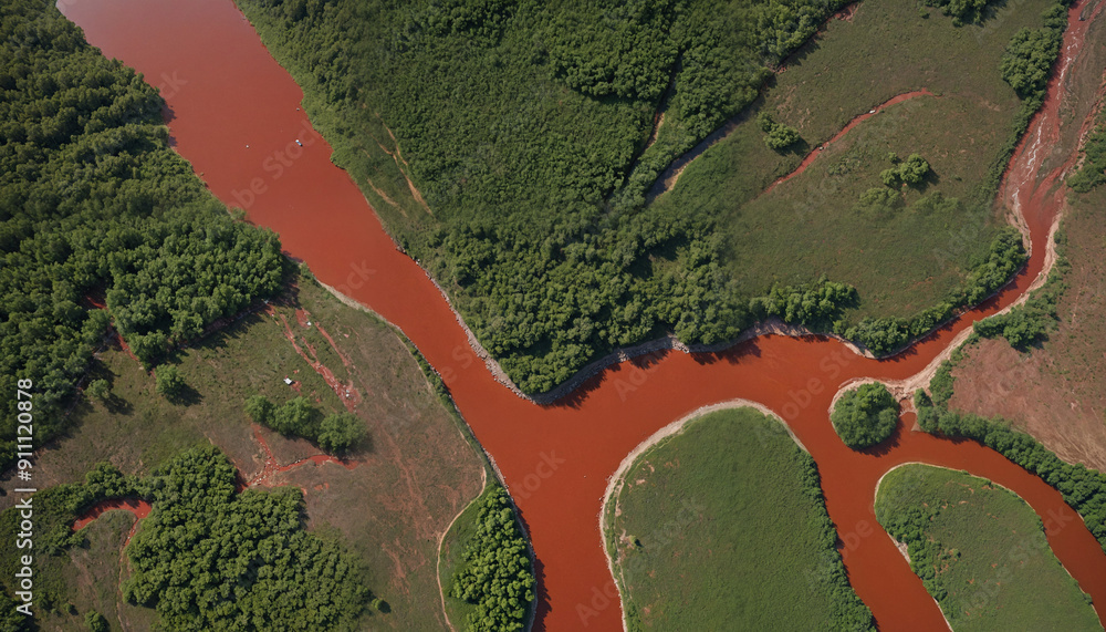A stunning aerial view of a red earth landscape intersected by a winding river, showcasing natural beauty and ecological patterns, ideal for travel and nature design. A stunning aerial view of a red earth landscape intersected by a winding river, showcasing natural beauty and ecological patterns, ideal for travel and nature design.