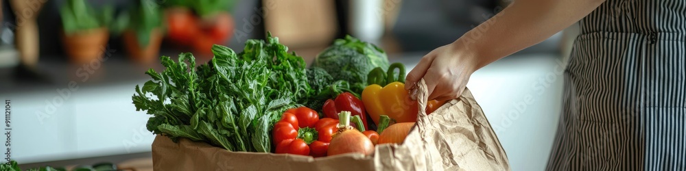 woman with eco bag with vegetables. Selective focus woman with eco bag with vegetables. Selective focus