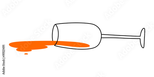 Hand drawn cute cartoon illustration fallen wineglass with spilled wine. Flat vector alcohol splash doodle style. Alcoholism or heavy drinking. System network error icon. Not found mistake. Isolated.