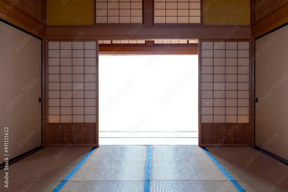 Traditional Japanese indoor house and paper sliding doors and tatami mat open with white isolated background
