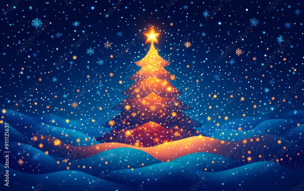 A beautiful Christmas tree shines bright amidst falling snow, creating a magical winter wonderland scene.