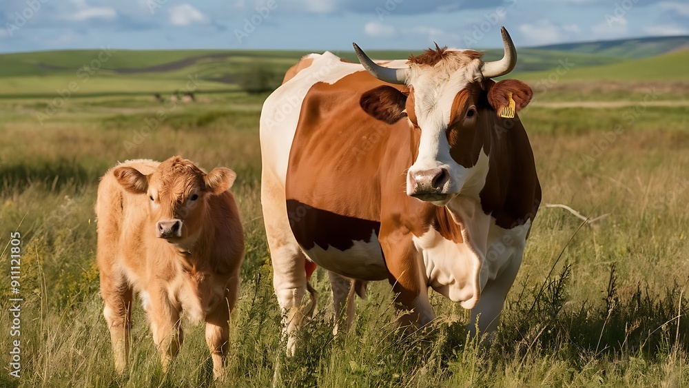 Charming Image of a Cow and Calf in Lush Green Pasture Charming Image of a Cow and Calf in Lush Green Pasture