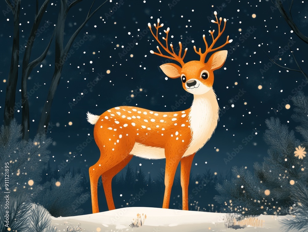 A charming cartoon deer stands in a snowy landscape, surrounded by a magical winter atmosphere with falling snowflakes. A charming cartoon deer stands in a snowy landscape, surrounded by a magical winter atmosphere with falling snowflakes.