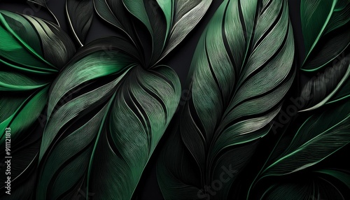 Dynamic Leaf Pattern: Green and Black Abstract Flow"