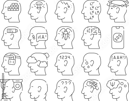 Neurosis Brain Problem Collection Icons Set Vector. Patient Neurosis And Disorder, Persecution Mania And Panic, Confused And Disorientation Contour Illustrations