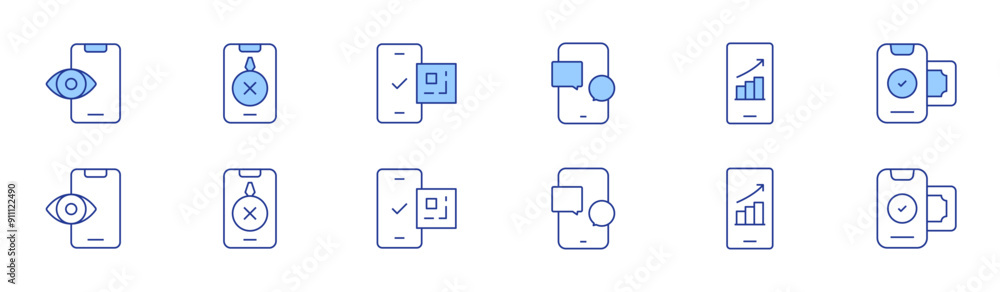 Smartphone icon set in two styles, Duotone and Thin Line style. Editable stroke. chat, preview, mobile, repair, mobile payment, qr code Smartphone icon set in two styles, Duotone and Thin Line style. Editable stroke. chat, preview, mobile, repair, mobile payment, qr code