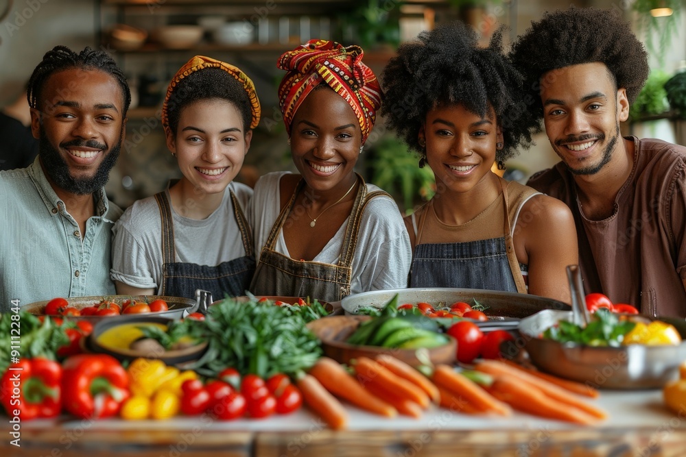 Diverse group of friends cooking together in a kitchen Diverse group of friends cooking together in a kitchen