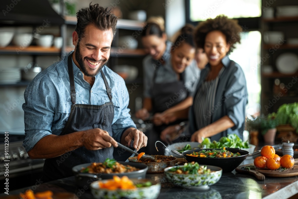 Diverse group of friends cooking together in a kitchen Diverse group of friends cooking together in a kitchen