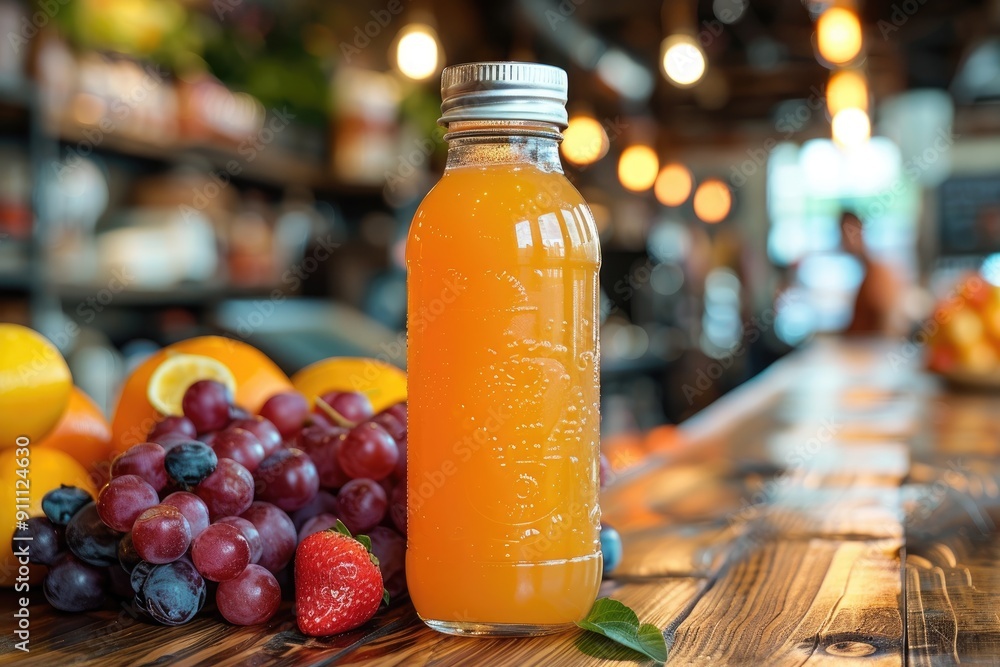 Glass Bottle of Orange Juice with Grapes and a Strawberry on a Wooden Table Glass Bottle of Orange Juice with Grapes and a Strawberry on a Wooden Table