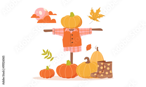 Autumn background with pumpkins and scarecrow
