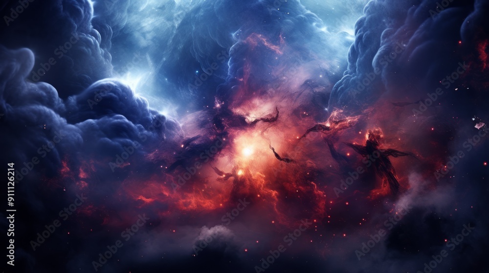 Mythical space demon in dark nebula galaxy background in blue and red colors. Neural network ai generated art Mythical space demon in dark nebula galaxy background in blue and red colors. Neural network ai generated art