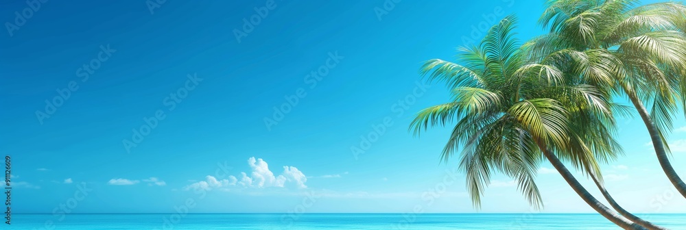 A couple of palm trees gently arch over a turquoise-blue ocean, casting their shade on the idyllic seaside under a sunny sky. A couple of palm trees gently arch over a turquoise-blue ocean, casting their shade on the idyllic seaside under a sunny sky.