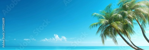 Wallpaper Mural A couple of palm trees gently arch over a turquoise-blue ocean, casting their shade on the idyllic seaside under a sunny sky. Torontodigital.ca