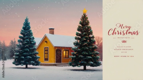 Christmas tree toy in the form of a house on a branch. Christmas mood background. Vacation atmosphere. Comfort hyuge concept cozy. Family budget Mortgage buying real estate photo