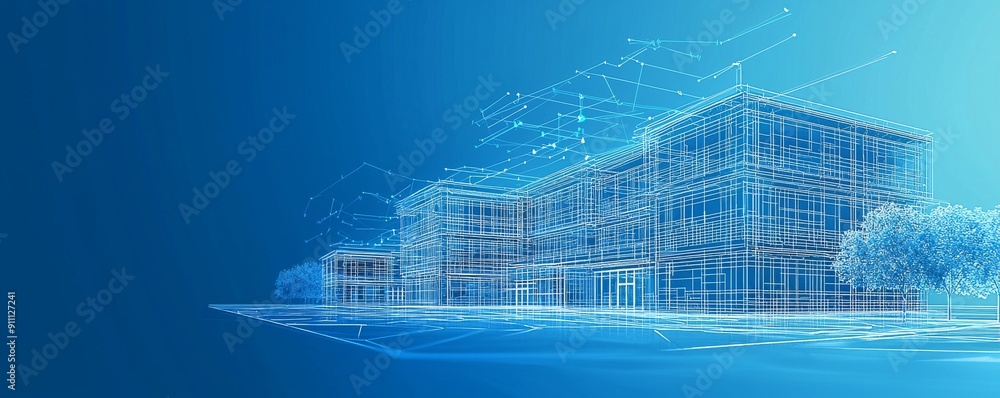 Obraz premium Wireframe illustration of a modern educational institution building with blue background
