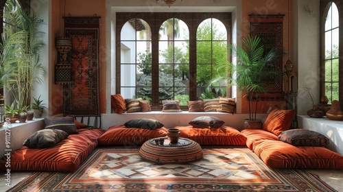 A flat decorated with a blend of Moroccan design, including a grey couch, ethnic basket, and stylish wall patterns, creating a sophisticated and modern living area with a touch of traditional elegance