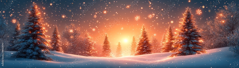 Naklejka premium A serene winter landscape with glowing trees and soft snowfall, creating a magical atmosphere of warmth and tranquility.