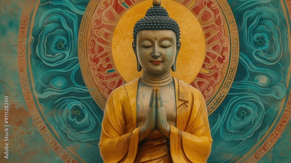 A Golden Buddha Statue with Closed Eyes and Hands in Prayer A Golden Buddha Statue with Closed Eyes and Hands in Prayer