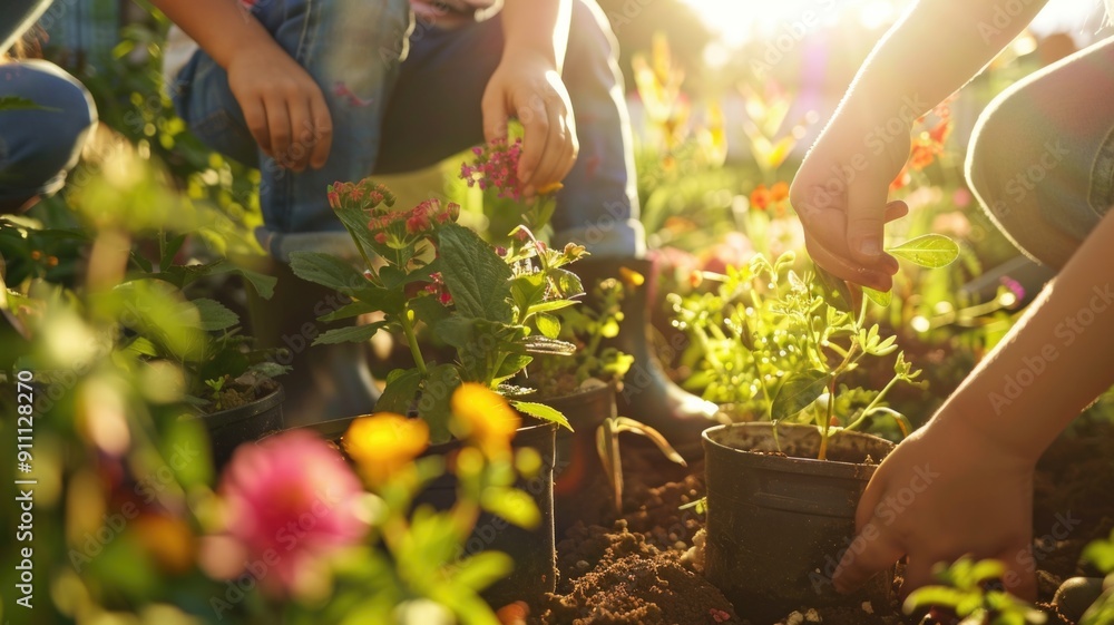 home Family garden where children helping to plant in upcycled boot flower pots, home Family garden where children helping to plant in upcycled boot flower pots,