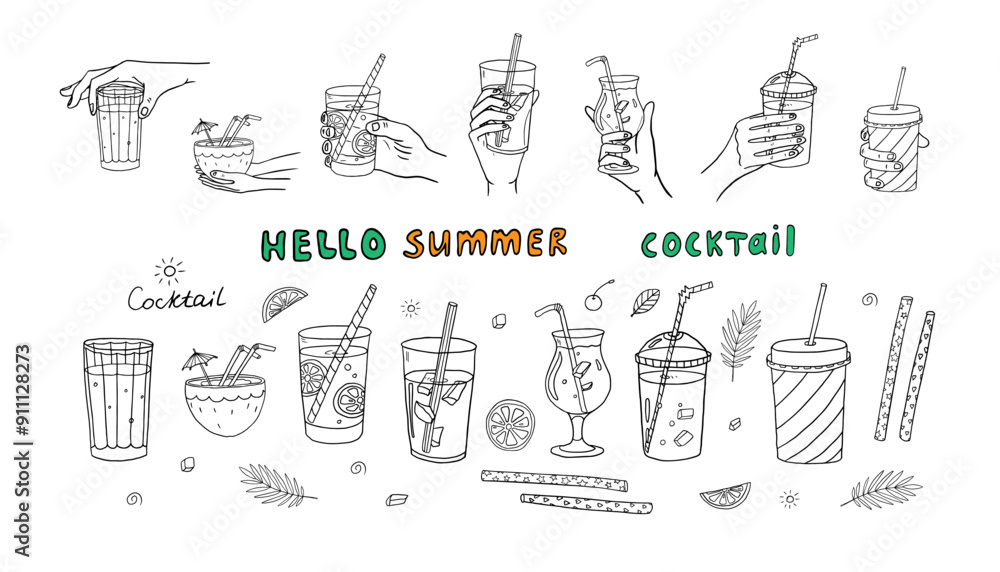 Obraz premium Large set of cocktail in hand in doodle style. Alcoholic and non-alcoholic summer drinks with ice cubes, fruits, drinking straws and text. Great for bar menu design, packaging, banners or advertising