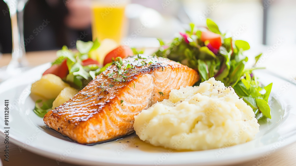Salmon fillet with mashed potatoes and fresh salad on white plate Salmon fillet with mashed potatoes and fresh salad on white plate