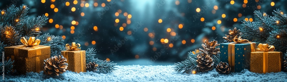 A serene winter scene featuring beautifully wrapped gifts, pinecones, and twinkling lights amidst a snowy backdrop. A serene winter scene featuring beautifully wrapped gifts, pinecones, and twinkling lights amidst a snowy backdrop.