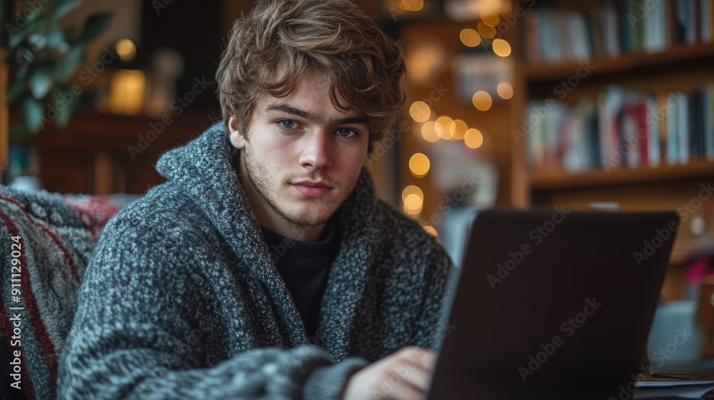 Student Engaged in Online Learning at Home During Evening Hours in Cozy Room Student Engaged in Online Learning at Home During Evening Hours in Cozy Room