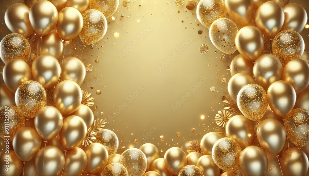 A festive background with a golden theme, featuring gold and transparent balloons with gold confetti inside A festive background with a golden theme, featuring gold and transparent balloons with gold confetti inside