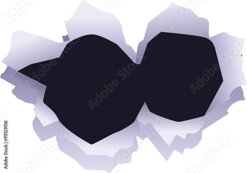 Two irregular holes in torn paper are revealing a dark background