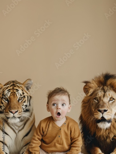 a baby sitting next to three tigers photo