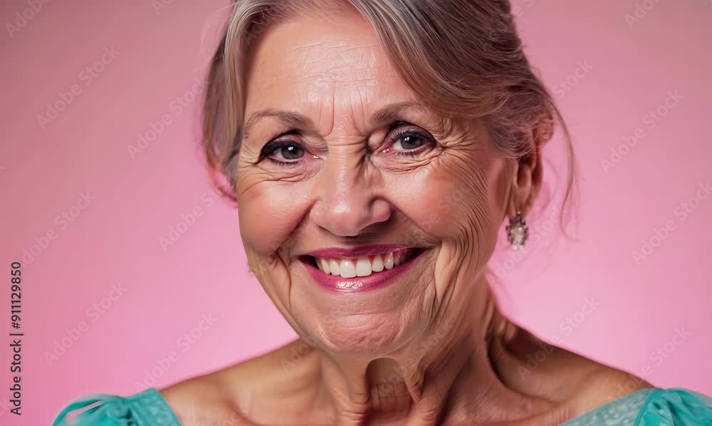 Portrait of a beautiful middle aged woman smiling at the camera against a pink background Portrait of a beautiful middle aged woman smiling at the camera against a pink background