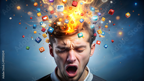 A person's head exploding with digital icons and notifications, from social media to apps. The person's face looks exhausted, indicating a burnout from constant digital consumption