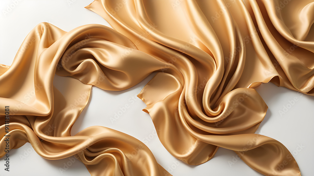 Flying gold satin fabric piece on white background. generative AI Flying gold satin fabric piece on white background. generative AI