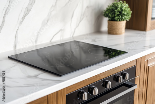 Stylish modern kitchen featuring an induction cooktop, marble backsplash, wooden cabinetry, and a potted plant for a fresh touch.
