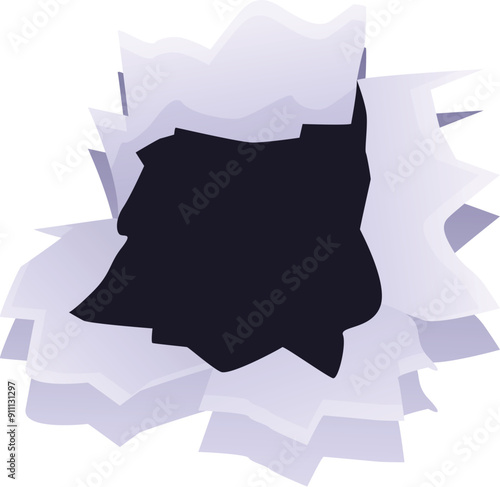 Bullet hole tearing through a piece of paper, leaving behind ripped and frayed edges