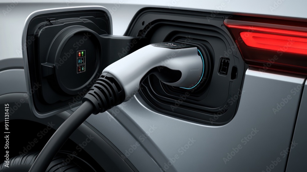 Close-up of an electric vehicle's charging port with the cable securely connected Close-up of an electric vehicle's charging port with the cable securely connected