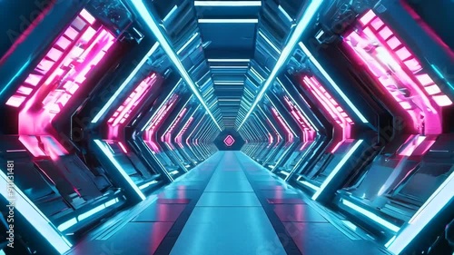 Flying through futuristic tunnel interior with neon lights. Sci-fi spaceship corridor. 3D animation. Space station travel. Technology and future concept.