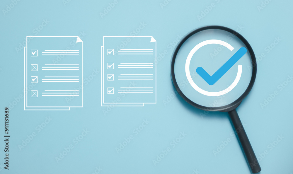 Document Management Checking System, online documentation database and process manage files, Magnifier check and focus to document folder, documentation. Corporate business technology concept..