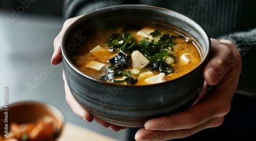 A bowl of miso soup with tofu and green onions held by a person.